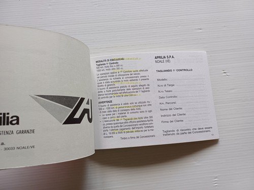 Aprilia tutti modelli anni 90 libretto tessera garanzia NUOVO originale