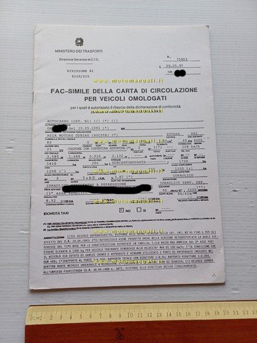 Asia Motors Rocsta 2.2 1991 Facsimile scheda omologazione DGM Motorizz.originale