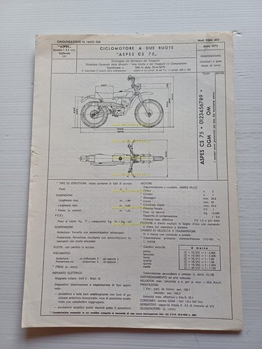 Aspes 50 CS 75 Navaho 1975 Facsimile originale scheda omologazione …