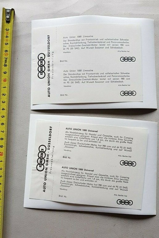 Auto Union 1000 Limousine-Universal 2 foto originali cartella stampa no …