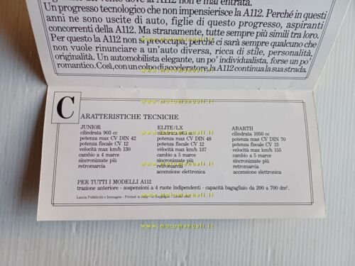 AutoBianchi A112 Abarth LX Elite Junior 1983 depliant ITALIANO originale