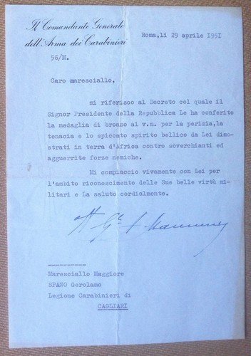 Autografo - Alberto Mannerini - Comandante generale dell'Arma dei carabinieri | Immagine principale