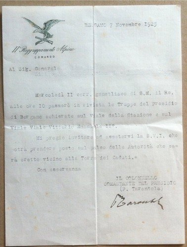 Autografo - P.Tarantola - Comandante presidio Raggruppamento Alpino Bergamo 1925 | Immagine principale