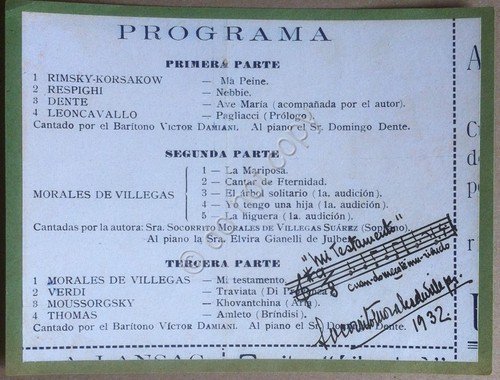 Autografo - Socorrito Morales de Villegas - su programma concerto … | Immagine principale