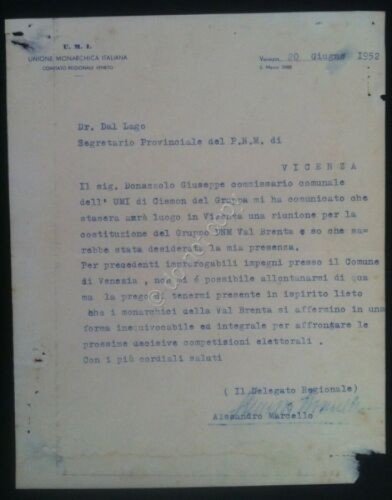 Autografo - Unione Monarchica Italiana 1952 - Alessandro Marcello | Immagine principale