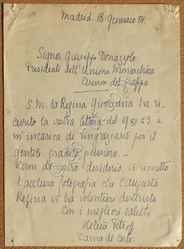 Autografo Casa Savoia - Madrid 1954 Lettera firmata Helene Petroff …