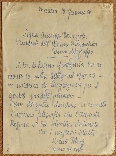 Autografo Casa Savoia - Madrid 1954 Lettera firmata Helene Petroff … | Immagine principale