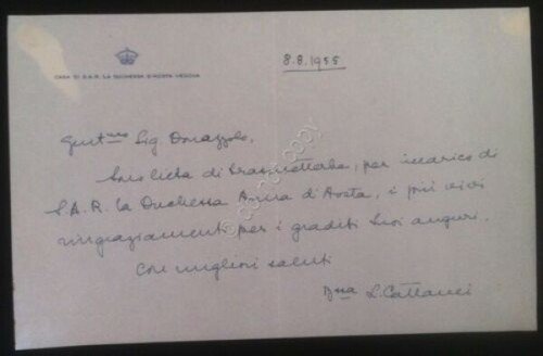 Autografo Casa Savoia 1955 - Lettera autografa Contessa Cattanei