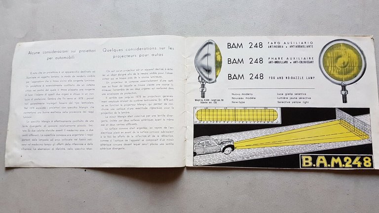 B.A.M. fari antinebbia per auto catalogo anni '50 depliant italiano …