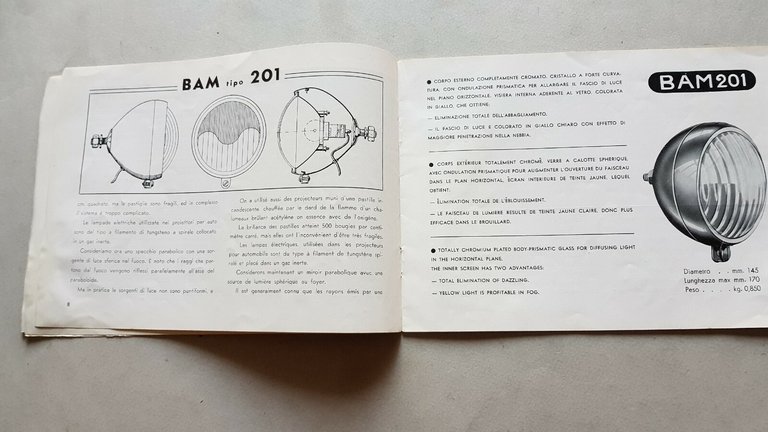 B.A.M. fari antinebbia per auto catalogo anni '50 depliant italiano …