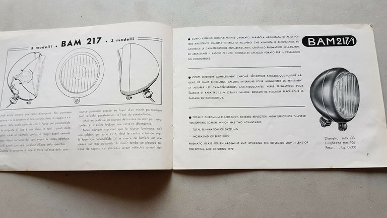 B.A.M. fari antinebbia per auto catalogo anni '50 depliant italiano …
