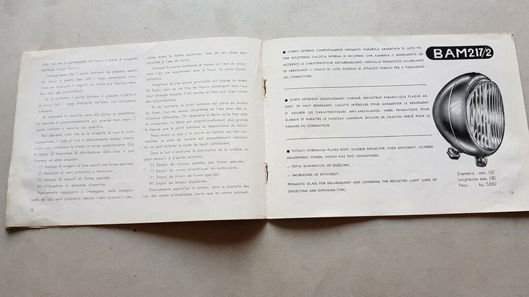 B.A.M. fari antinebbia per auto catalogo anni '50 depliant italiano …