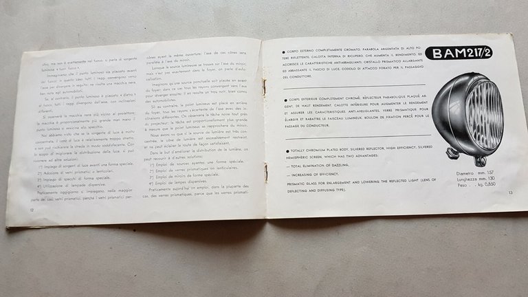 B.A.M. fari antinebbia per auto catalogo anni '50 depliant italiano …
