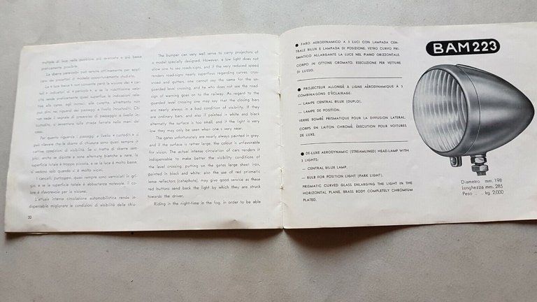B.A.M. fari antinebbia per auto catalogo anni '50 depliant italiano …