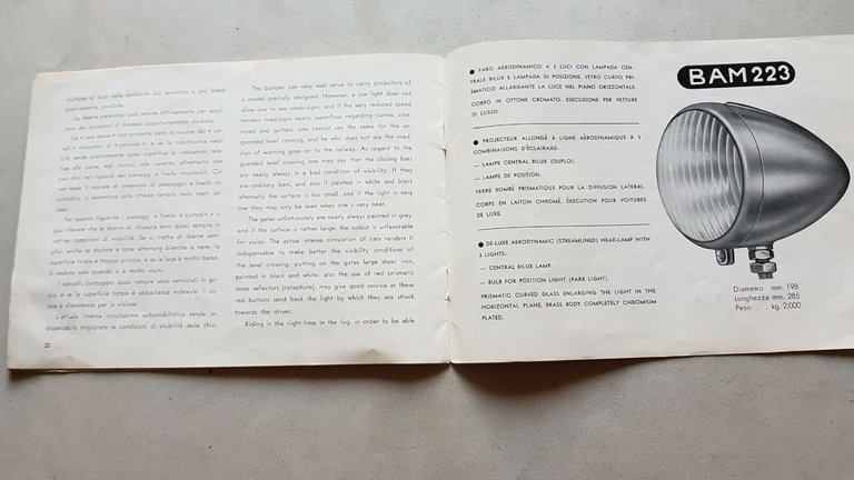 B.A.M. fari antinebbia per auto catalogo anni '50 depliant italiano …