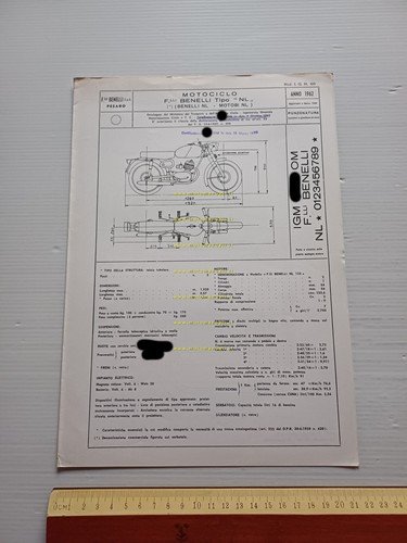 Benelli 125 Nuovo Leoncino 1962-69 Facsimile originale scheda omologazione DGM