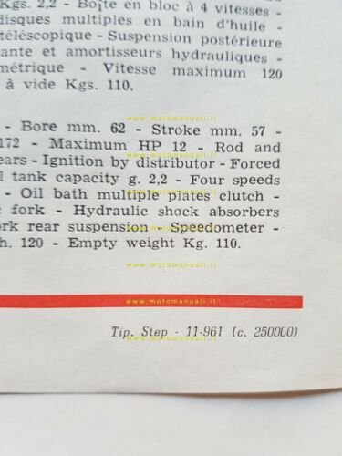 Benelli 175 Extra 1961 depliant moto originale