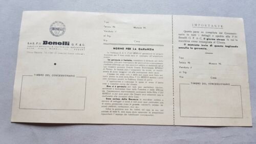 Benelli 1964 libretto tessera garanzia originale moto ciclomotori no depliant