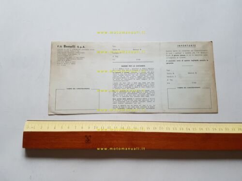 Benelli 1977 libretto tessera garanzia originale moto ciclomotori no depliant