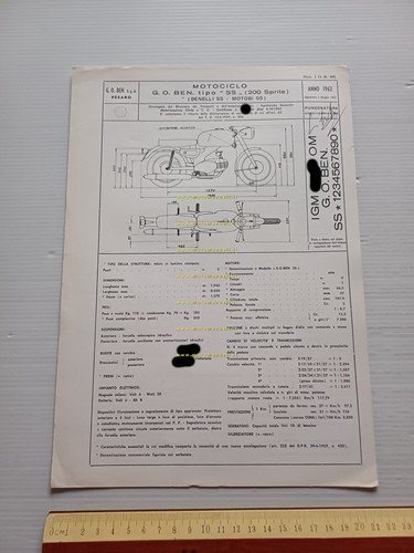 Benelli 200 Sprite 1962 aggiorn.1967 Facsimile originale scheda omologazione DGM