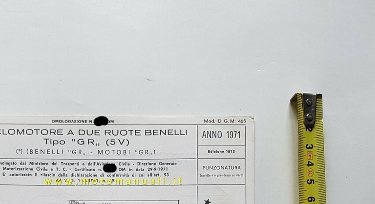 Benelli 49 Cross 1971 aggiornata '72 scheda omologazione DGM Facsimile …