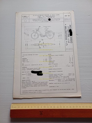 Benelli 50 Gentlemen 1969 Facsimile originale scheda omologazione DGM Motorizz.