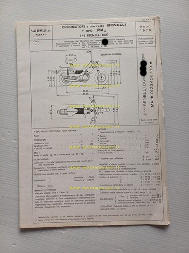 Benelli 50 Magnum 3V 1978 scheda omologazione DGM Facsimile Motorizz. …
