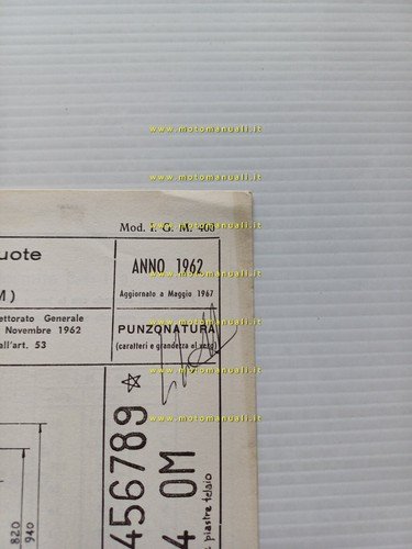 Benelli 50 Monomarcia 1962 agg.ta '67 scheda omologazione DGM Facsimile …