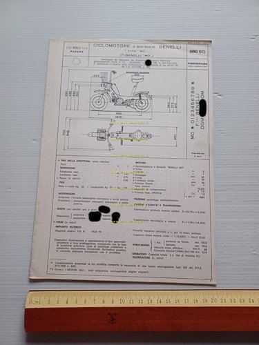 Benelli 50 Motorella 1975 Facsimile originale scheda omologazione DGM Motorizz.