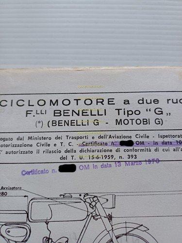 Benelli 50 Sprint 4V 1970 Facsimile originale scheda omologazione DGM …