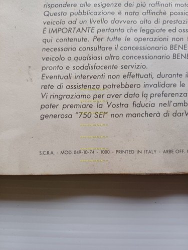 Benelli 750 Sei 1974 manuale uso manutenzione libretto istruzioni originale
