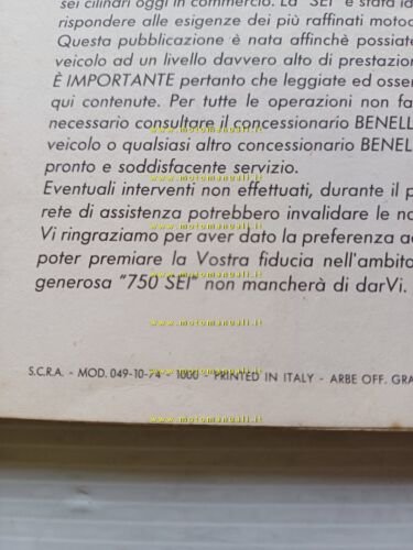 Benelli 750 Sei 1975 manuale uso manutenzione libretto istruzioni originale