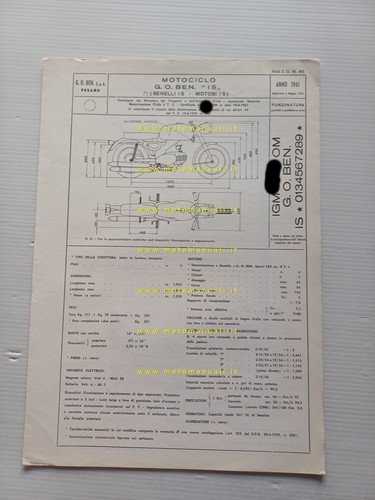 Benelli Motobi 125 Imperiale Sport 1967 scheda omologazione DGM Mot …