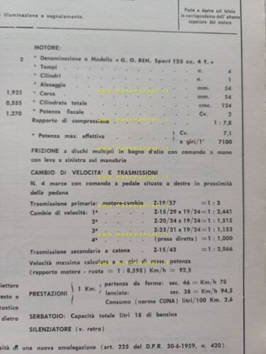 Benelli Motobi 125 Imperiale Sport 1967 scheda omologazione DGM Mot …