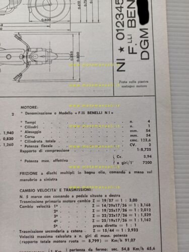 Benelli Motobi 125 Sport Special 1970 scheda omologazione DGM Motor. …