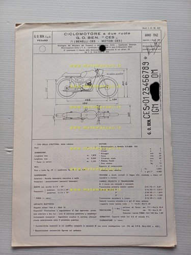 Benelli Motobi 49 Export 3V 1967 scheda omologazione DGM Facsimile …