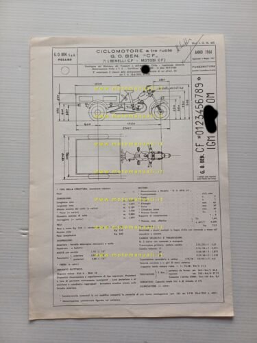 Benelli Motobi 49 Motocarro 3V 1967 scheda omologazione DGM Facsimile …