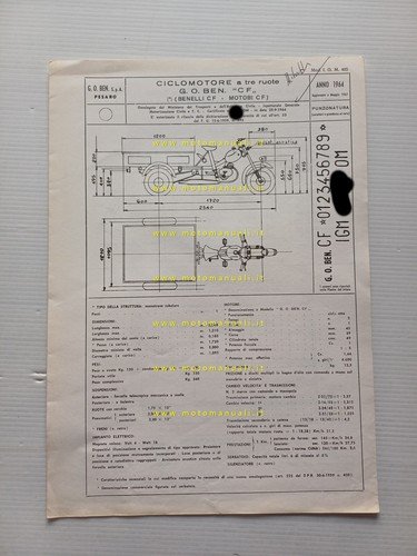 Benelli Motobi 49 Motocarro 3V 1967 scheda omologazione DGM Facsimile …