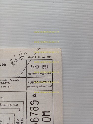 Benelli Motobi 49 Motocarro 3V 1967 scheda omologazione DGM Facsimile …