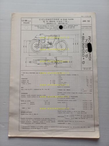 Benelli Motobi 49 Sprint 3V 1967 scheda omologazione DGM Facsimile …
