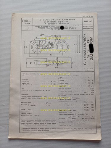Benelli Motobi 49 Sprint 3V 1967 scheda omologazione DGM Facsimile …