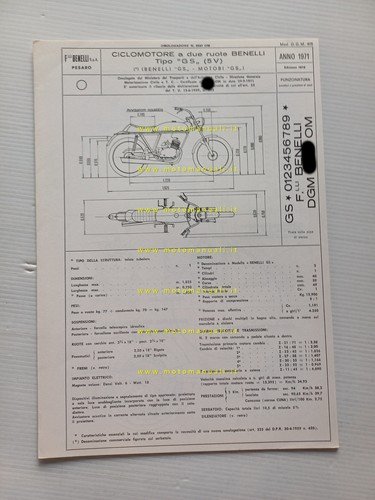 Benelli Motobi 49 Sprint 5V 1971-72 scheda omologazione DGM Facsimile …
