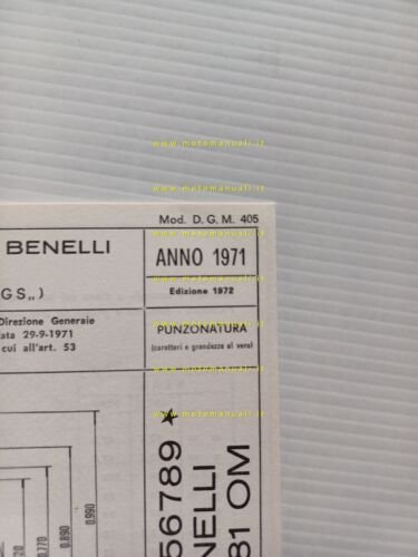 Benelli Motobi 49 Sprint 5V 1971-72 scheda omologazione DGM Facsimile …