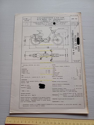 Benelli Motobi 50 Gentlemen 1967 Facsimile originale scheda omologazione DGM