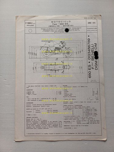 Benelli Motobi Tornado 650 1970 scheda omologazione DGM Motorizzazione Facsimile