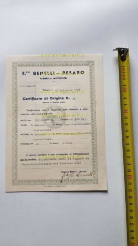 Benelli motocarro B 500 1945 certificato origine originale firma Filippo …