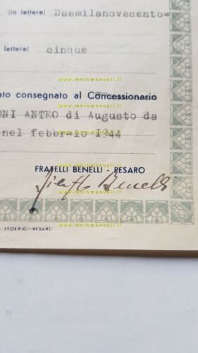 Benelli motocarro B 500 1945 certificato origine originale firma Filippo …