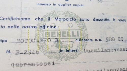 Benelli motocarro B 500 1945 certificato origine originale firma Filippo …