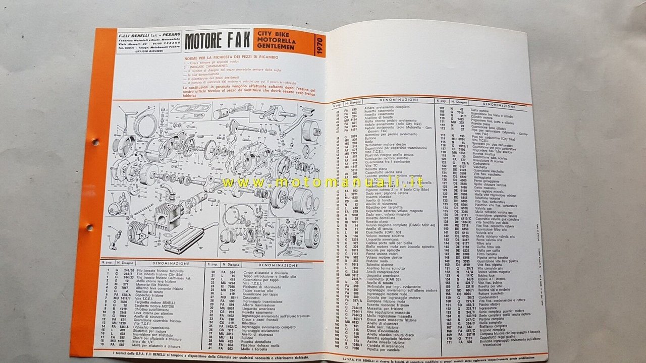 Benelli MOTORE 49 FAK 1970 catalogo ricambi originale ENGINE catalogue