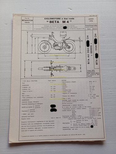 Beta 50 M4 Tubone 1976 Facsimile originale scheda omologazione DGM …
